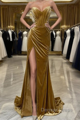 Elegant Mermaid Sweetheart Neck Velvet Long Prom Dresses Strapless Formal Evening Gown
