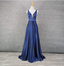 Elegant Navy Blue A-Line V-Neck Satin Long Prom Dresses Evening Dresses