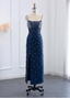 Elegant Navy Blue Bodycon Square Neck Spaghetti Strap Slit Crystal Satin Long Prom Dresses Evening Dresses