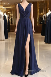 Elegant Navy Blue Chiffon Bridesmaid Dresses With Slit