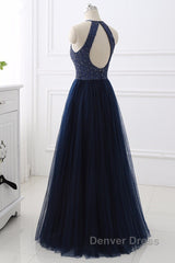 Elegant Navy Blue Halter Beaded Long Evening Dresses, Beautiful Prom Dresses