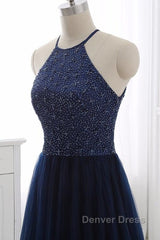 Elegant Navy Blue Halter Beaded Long Evening Dresses, Beautiful Prom Dresses