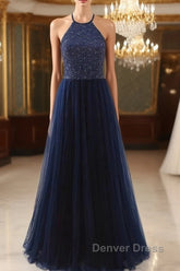 Elegant Navy Blue Halter Beaded Long Evening Dresses, Beautiful Prom Dresses