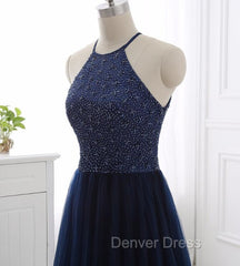 Elegant Navy Blue Halter Beaded Long Evening Dresses, Prom Dresses