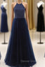 Elegant Navy Blue Halter Beaded Long Prom Dress