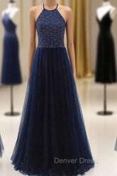 Elegant Navy Blue Halter Beaded Long Evening Dresses, Prom Dresses