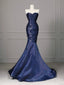 Elegant Navy Blue Mermaid Strapless Pleated Satin Long Prom Dresses Evening Dresses