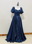 Elegant Navy Blue Puffed Short Sleeve Satin Long Prom Dresses Evening Dresses
