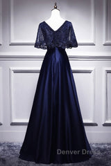 Elegant Navy Blue Short Sleeved Beaded Cape With Satin Lace Navy Blue V-Neck Backless And Ground Length Evening Dresses