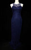 Elegant Navy Blue Sleeveless Cutout Halter Mermaid Bead Embroidered Lace Prom Dresses Evening Dresses