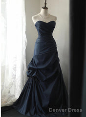 Elegant Navy Blue Vintage Style Taffeta Long Prom Dress, Navy Blue Party Dress