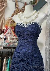 Elegant Navy Mermaid Strapless Prom Dress Backless Chiffon Birthday Evening Dress