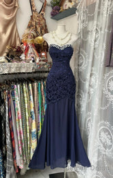 Elegant Navy Mermaid Strapless Prom Dress Backless Chiffon Birthday Evening Dress