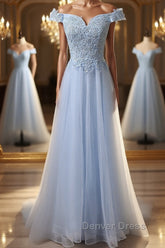 Elegant Off Shoulder Long Sky Blue Lace Prom Dresses, Off Shoulder Sky Blue Formal Dresses, Sky Blue Lace Evening Dresses