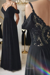 Elegant Off the Shoulder Black Long Prom Dresses with Lace Back, Off Shoulder Black Lace Formal Evening Dresses