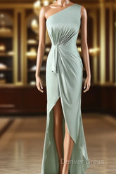 Elegant One Shoulder Matcha Ruched Long Bridesmaid Dresses