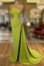 Elegant One Shoulder Mermaid Long Prom Dresses With Beads Slit