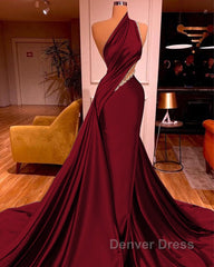 Elegant One Shoulder Mermaid Prom Dresses Long Pleated with Beads
