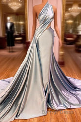 Elegant One Shoulder Mermaid Prom Dresses Long Pleated with Beads