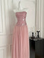 Elegant Pink A-Line Tube Top Sequined Tulle Long Prom Dresses Evening Dresses Bridesmaid Dresses
