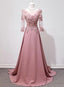 Elegant Pink Long Sleeves Lace Applique Long Prom Dress, Pink Prom Dresses