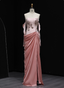 Elegant Pink Strapless Embroidered Floral Satin Slit Long Prom Dresses Evening Dresses