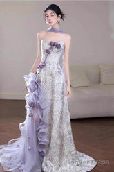 Elegant Purple Mermaid Strapless Satin Tulle Long Prom Dress Applique Evening Gown