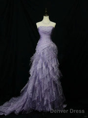 Elegant Purple Mermaid Strapless Tulle Layered Long Prom Dress Formal Evening Dress