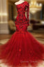 Elegant Red One-Shoulder Long-Sleeves Appliques Mermaid Prom Party Gowns
