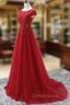 Elegant Red Tulle Long Prom Dresses with Lace Applique, Red Party Gowns