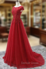 Elegant Red Tulle Long Prom Dresses with Lace Applique, Red Party Gowns