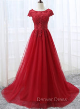 Elegant Red Tulle Long Prom Dresses with Lace Applique, Red Party Gowns
