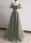 Elegant Sage Green A-Line Square Neck Short Sleeve Tulle Long Prom Dresses Evening Dresses