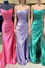Elegant Satin Mermaid Prom Dresses With Pleated Bodice, Spaghetti Strap & Slit Fd5090