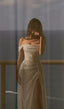 Elegant Sheath Off The Shoulder White Slit Sequin Prom Dress Long Prom Dresses