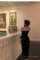Elegant Sheath One Shoulder Black Prom Dresses Birthday Outfits Evening Gown
