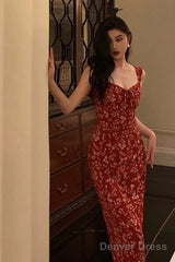 Elegant Sheath Spaghetti Straps Red Floral Prom Dresses Birthday Outfits Evening Gown