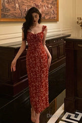 Elegant Sheath Spaghetti Straps Red Floral Prom Dresses Birthday Outfits Evening Gown