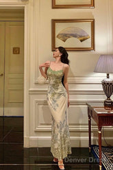 Elegant Sheath Spaghetti Straps Sage Green Floral Prom Dresses Birthday Outfits Evening Gown