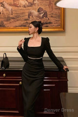 Elegant Sheath Square Neckline Black Velvet Prom Dresses Birthday Outfits Evening Gown