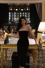 Elegant Sheath Strapless Black Prom Dresses Beads Birthday Outfits Evening Gown