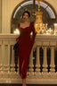 Elegant Sheath Strapless Red Slit Prom Dresses Beads Birthday Outfits Prom Gowns