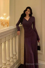 Elegant Sheath V Neckline Grape Long Prom Dresses Birthday Outfits Evening Gown