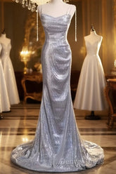 Elegant Silver Sequin Mermiad Prom Dresses Long Evening Dresses