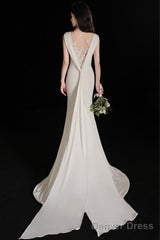 Elegant Sleeveless Mermaid Satin Simple Train Dress Wedding Dress With Lace Open Back