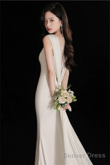 Elegant Sleeveless Mermaid Satin Simple Train Dress Wedding Dress With Lace Open Back
