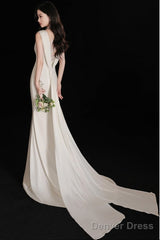 Elegant Sleeveless Mermaid Satin Simple Train Dress Wedding Dress With Lace Open Back