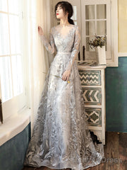 Elegant Sliver Grey Long Sleeves Long Evening Dress Party Dress, A-Line Senior Prom Dress