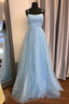 Elegant Spaghetti Straps A Line Light Sky Blue Tulle Prom Dresses