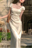 Elegant Square Neck Long Prom Dress Beige Satin Mermiad Prom Dresses